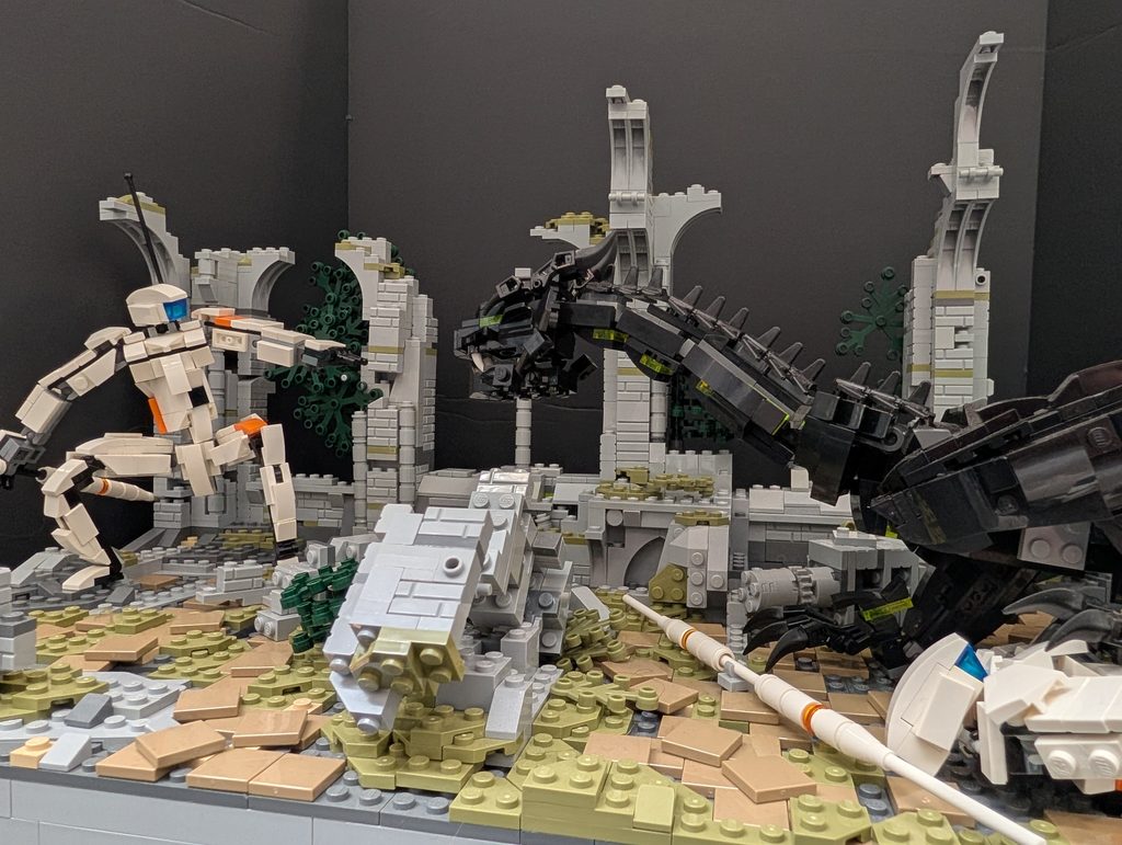 Mech vs dragon in crumbling building by Jim Wilkinson